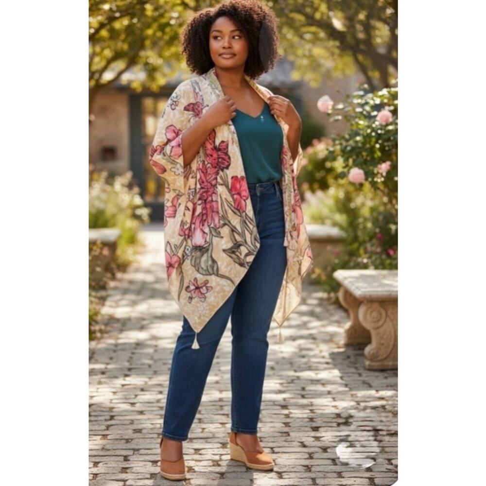 Pink flower flowing tunic tassels floral coverup gypsy boho M- XXL (77)